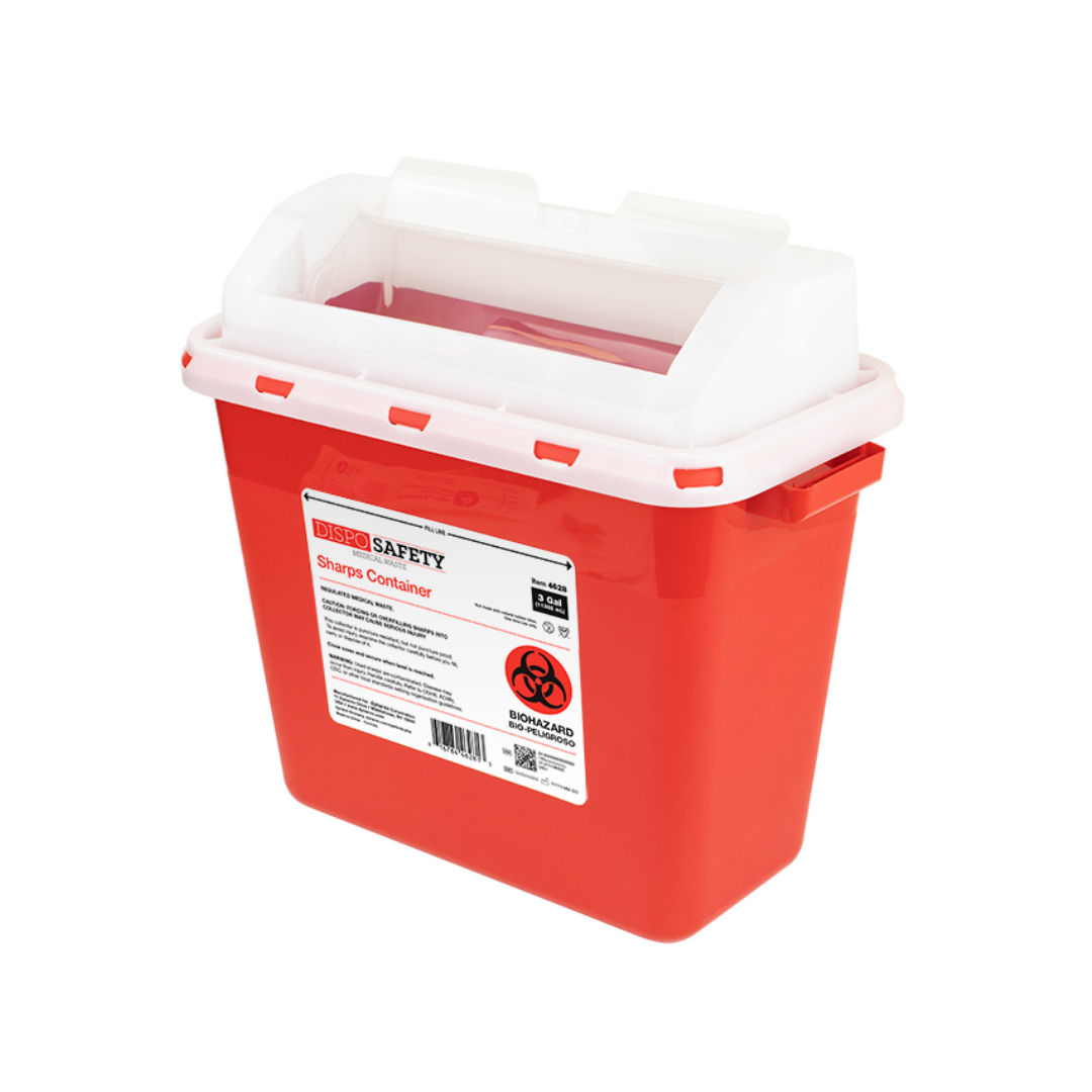 The Dynarex Sharps Container is a red container with a white lid and front biohazard label, designed for safe sharps disposal and secure medical waste storage.